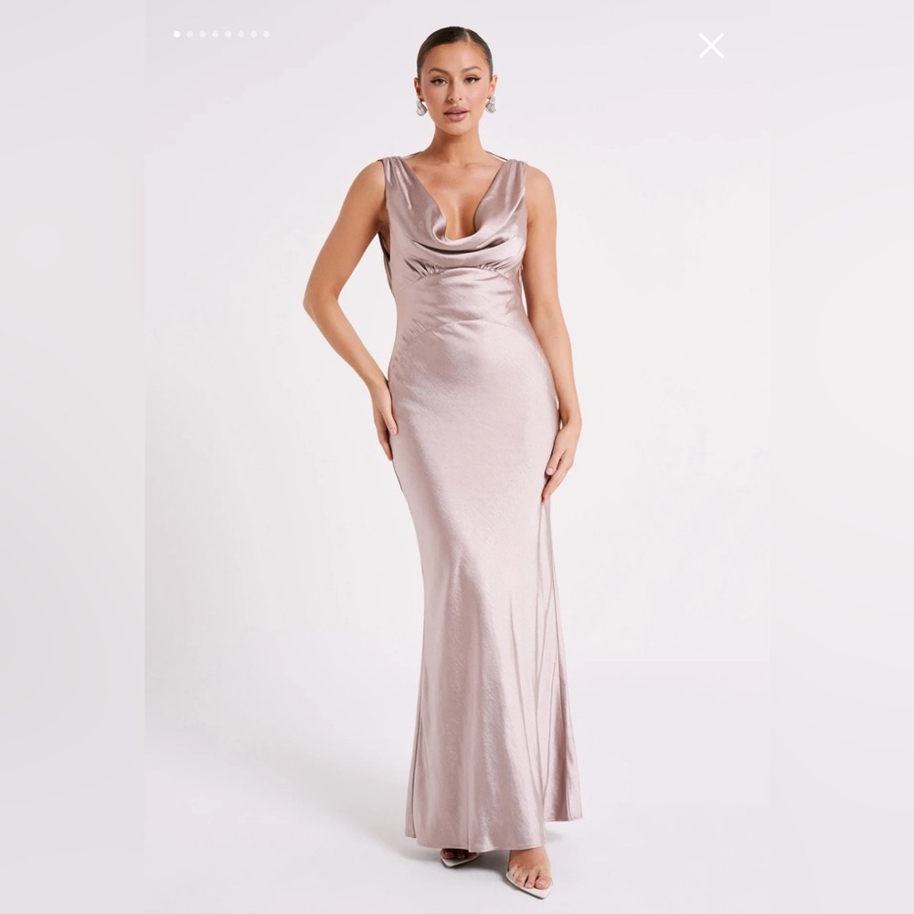 Meshki Angelique Satin Cowl Back Maxi Dress in Taupe